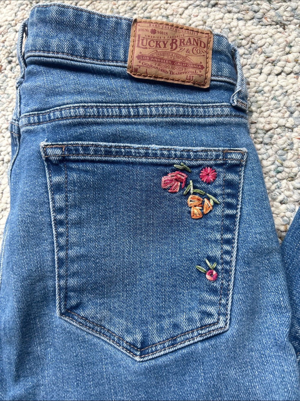 Lucky Brand Embroidered Blue Skinny Jeans with Floral Detail